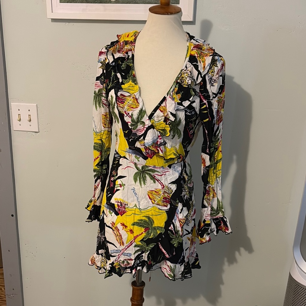 Hawaiian Floral Wrap Dress with Ruffle Trim